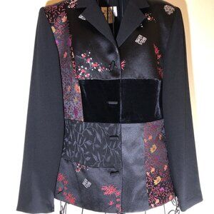 Vtg David Warren Blazer Women Size 8 USA Black Velvet Patchwork Asian Floral